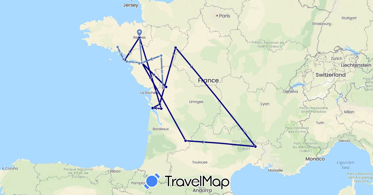 TravelMap itinerary: driving, plane, cycling in France (Europe)
